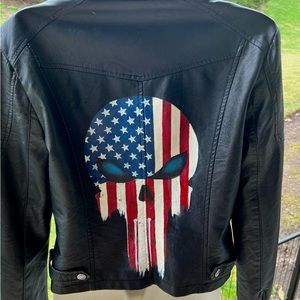 American Flag Skull on a Ladies Vegan Leather Motorcycle Jacket